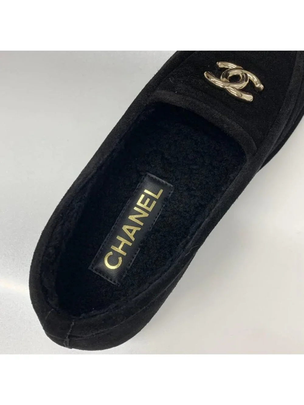 Chanel CC Logo Suede Shearling Flat Shoes Black